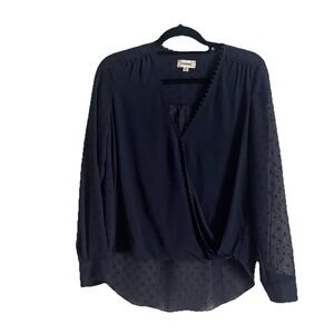 L'AGENCE Perry Swiss Dot Silk Blouse XS Navy Blue Surplice Faux Wrap Sheer